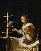 Frans van Mieris A Young Woman in a Red Jacket Feeding a Parrot oil on canvas